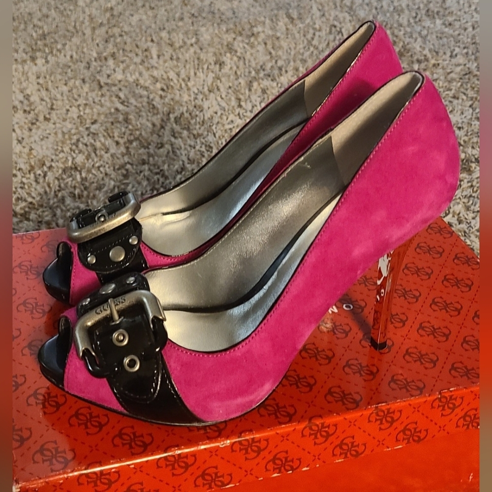 Guess Womens Size 6 4.5" Pink/black Peep Toe Stileto Heels with Buckle - NIB - Picture 4 of 5